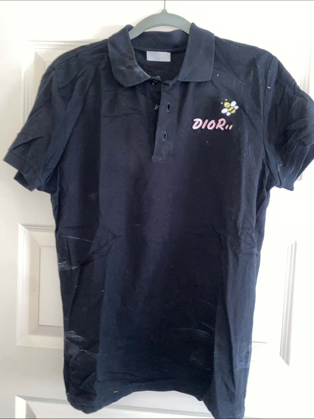 Dior Navy Polo with Pink Logo and Yellow Bee